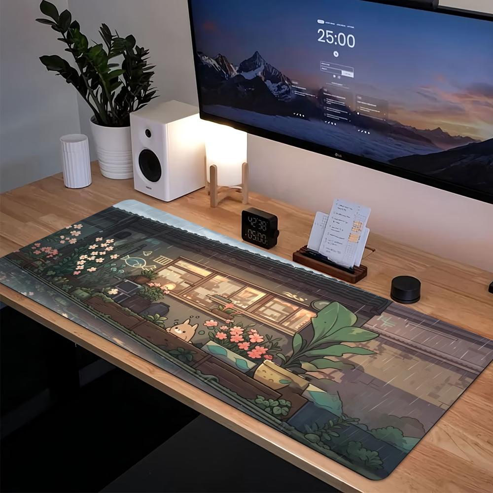 Desk Setup Pc And Laptop - Cozy Anime Street Extended Gaming Mouse