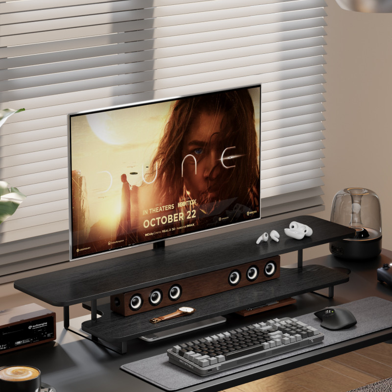 Walnut Finish Monitor Stand Ri - огляд і ціна Desk Setup Monitor And Laptop