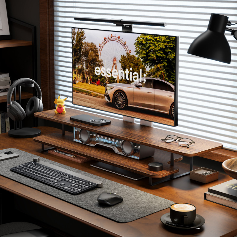 Walnut Finish Monitor Stand Ri - огляд і ціна Desk Setup Monitor And Laptop