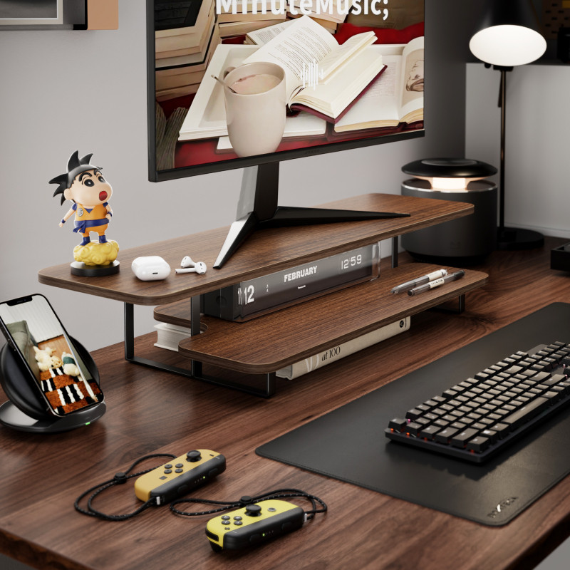 Walnut Finish Monitor Stand Ri - огляд і ціна Desk Setup Monitor And Laptop