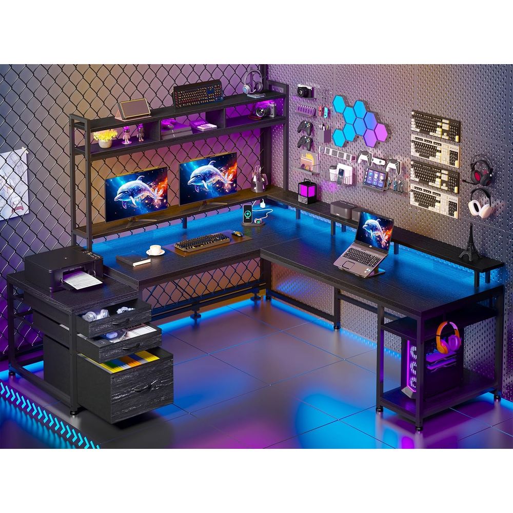 64x59 Dual-User L-Shaped Gamin - огляд і ціна Desk Setup Black And Wood
