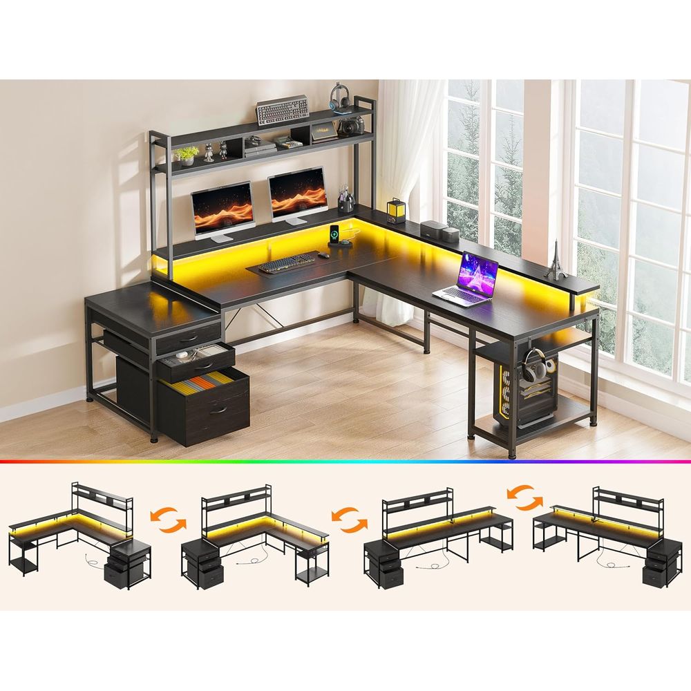 64x59 Dual-User L-Shaped Gamin - огляд і ціна Desk Setup Black And Wood