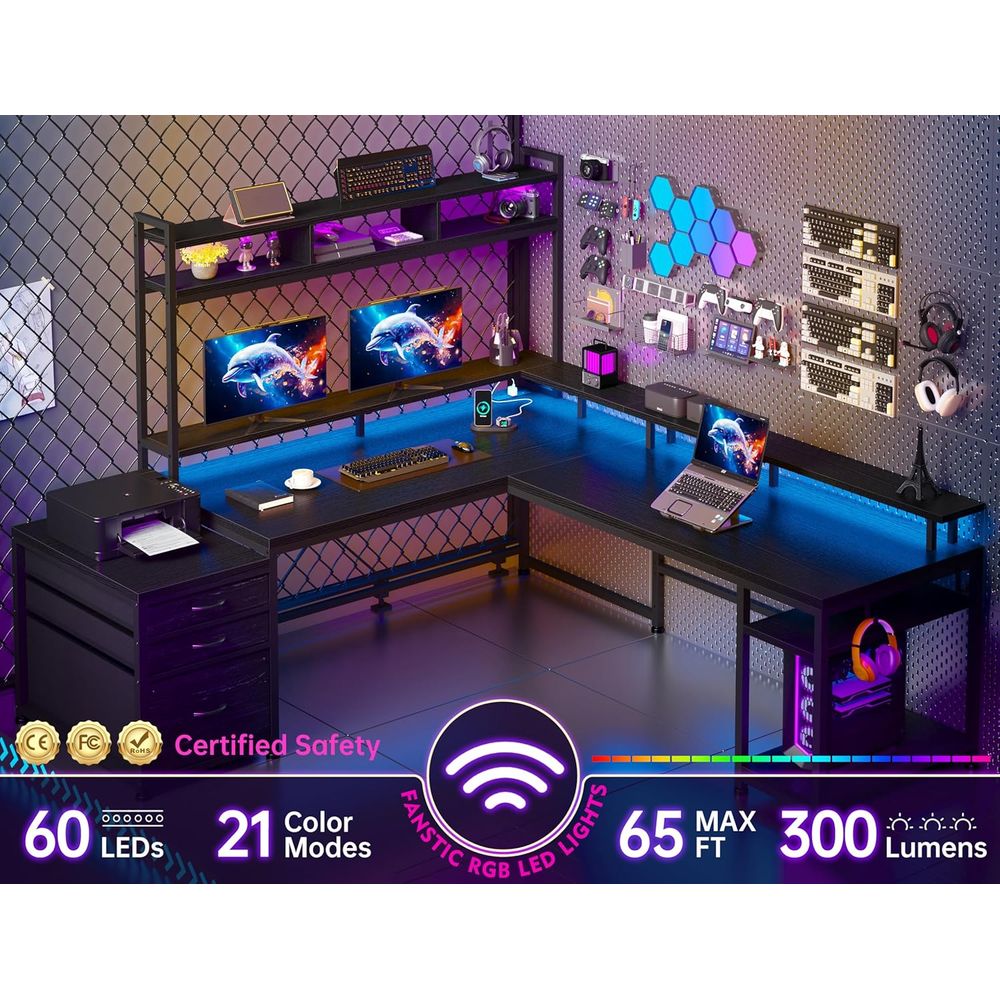 64x59 Dual-User L-Shaped Gamin - огляд і ціна Desk Setup Black And Wood