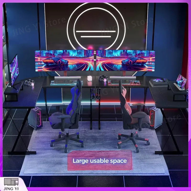 L Shaped Gaming Desk with Moni - огляд і ціна Desk Setup Black And Wood